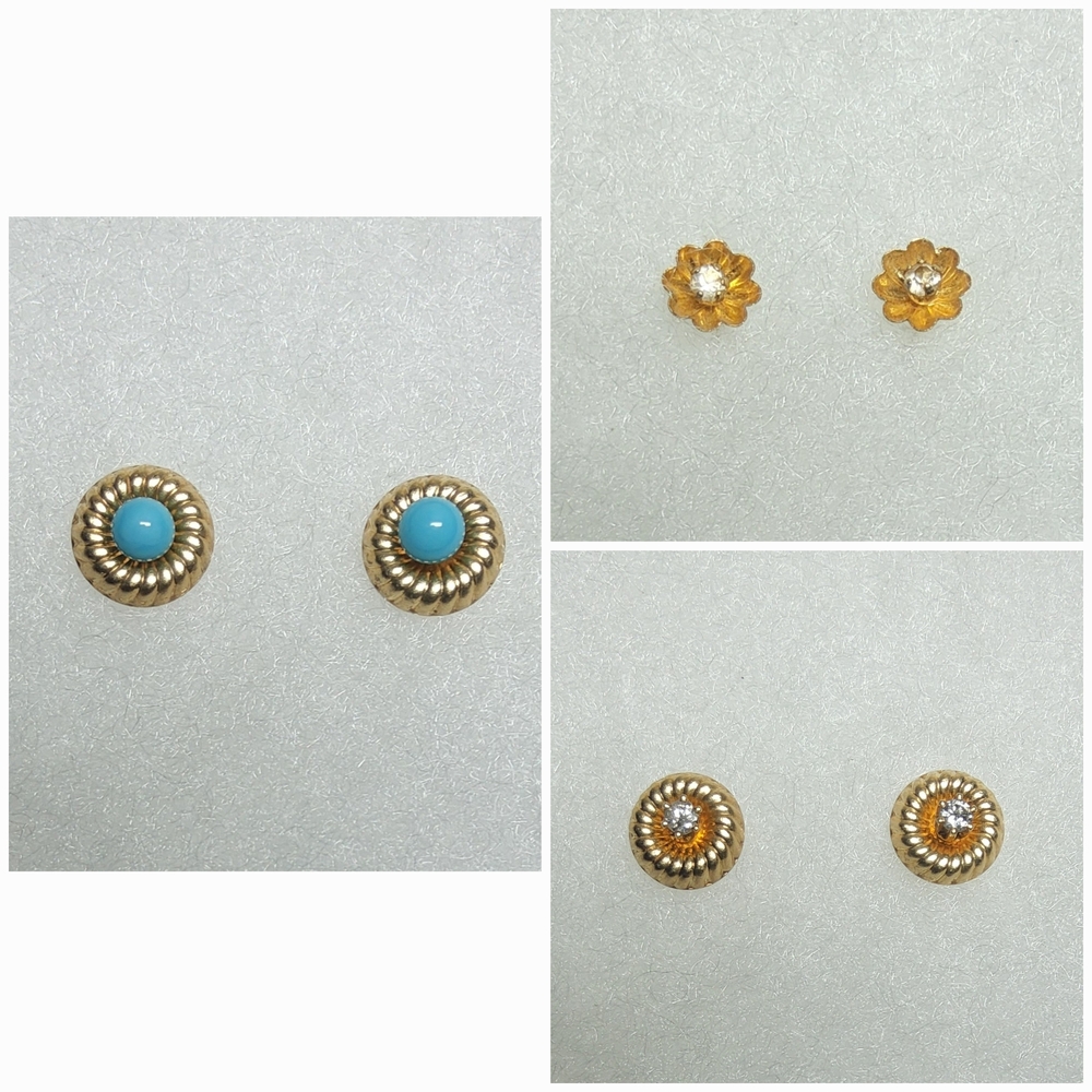 Vintage solid 14k 585 yellow gold-3 pairs stud earrings; pair of earring jackets